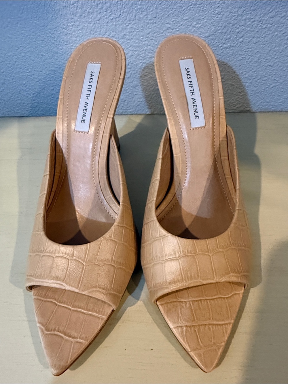 Saks Fifth Avenue Tan Croc-Embossed Pointed Slide Mule